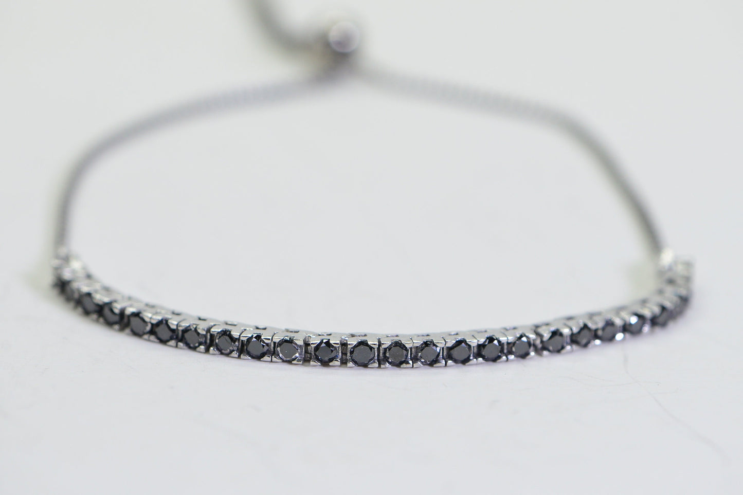 Black Diamond Tiny Bracelet: Round Cut, Sterling Silver Bolo Bracelet