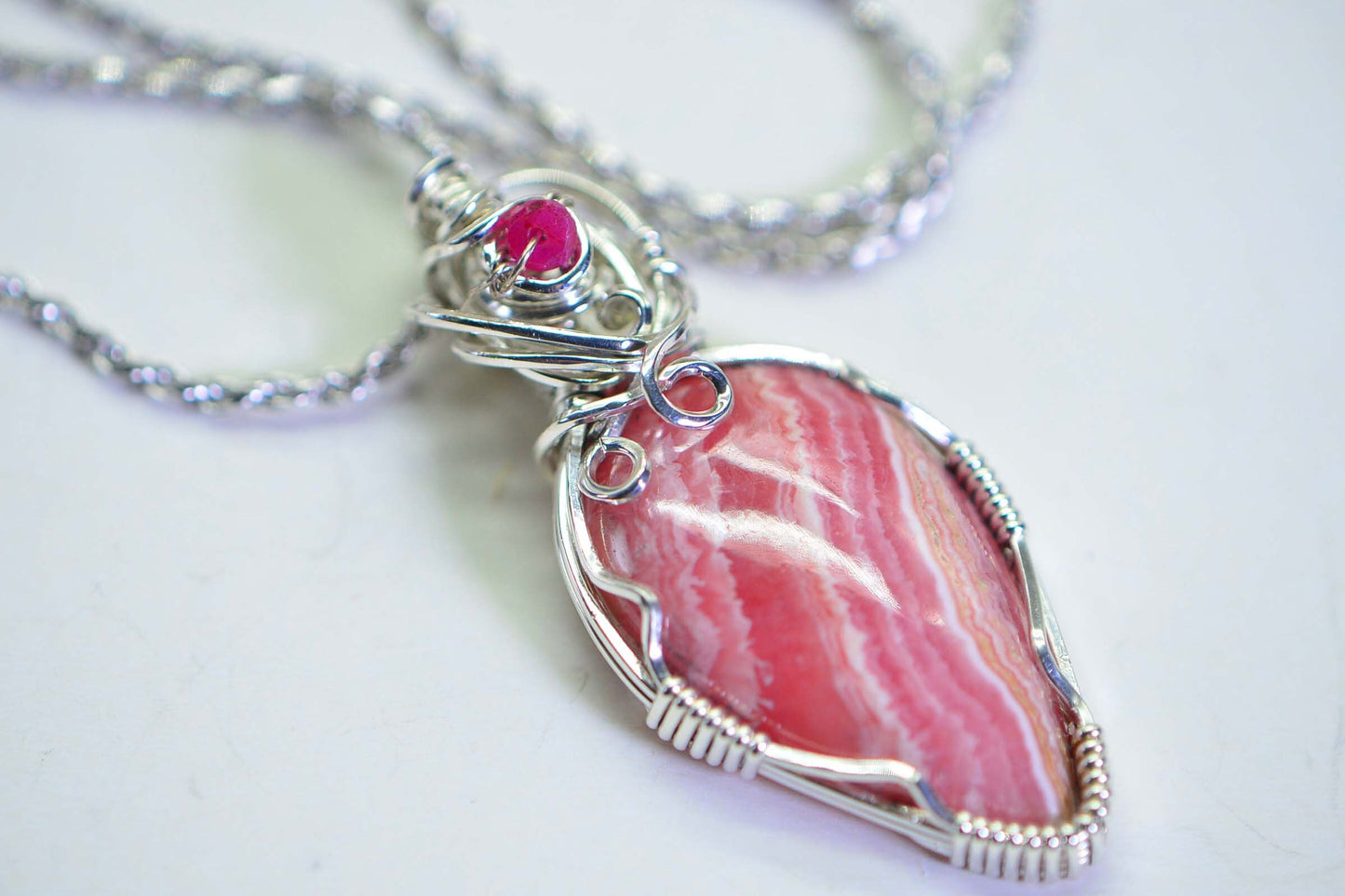 Rhodochrosite Teardrop Pendant, Handmade Sterling Silver Wire Wrapped Gemstone