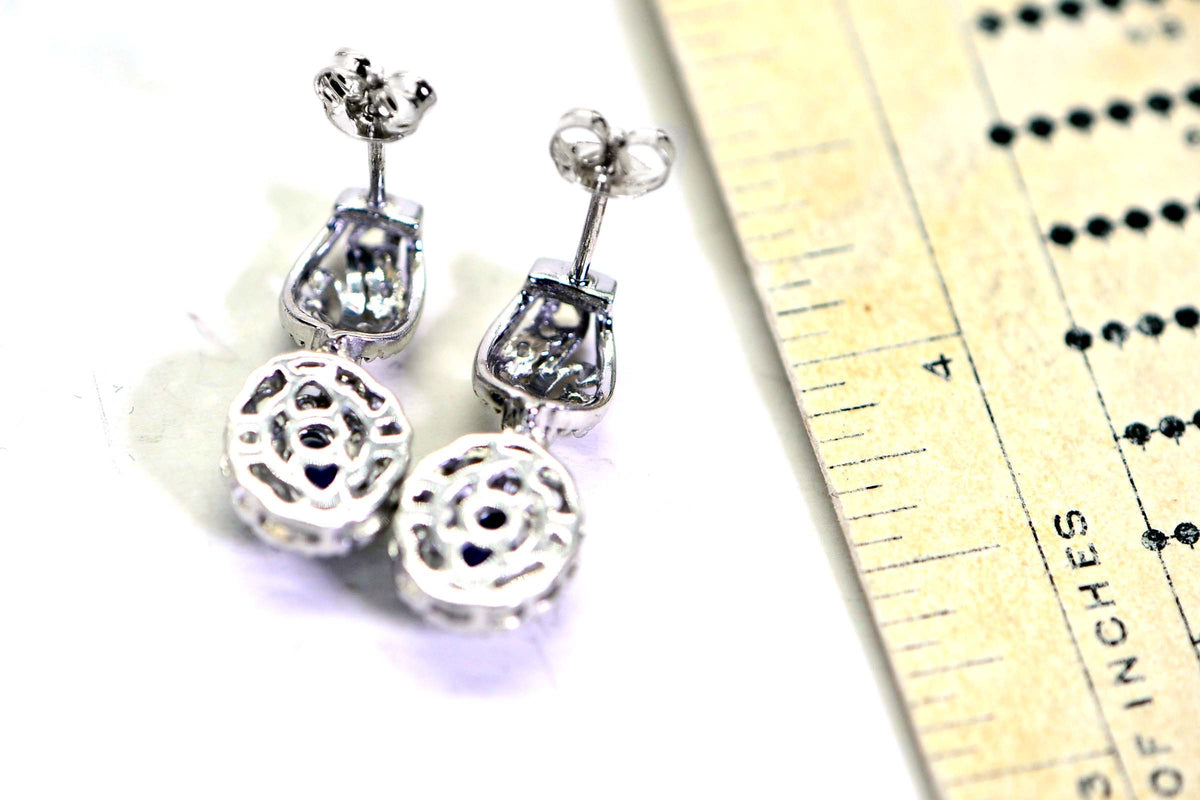 Blue Sapphire Dangle Earrings: 14K White Gold over Sterling Silver Filigree Halo