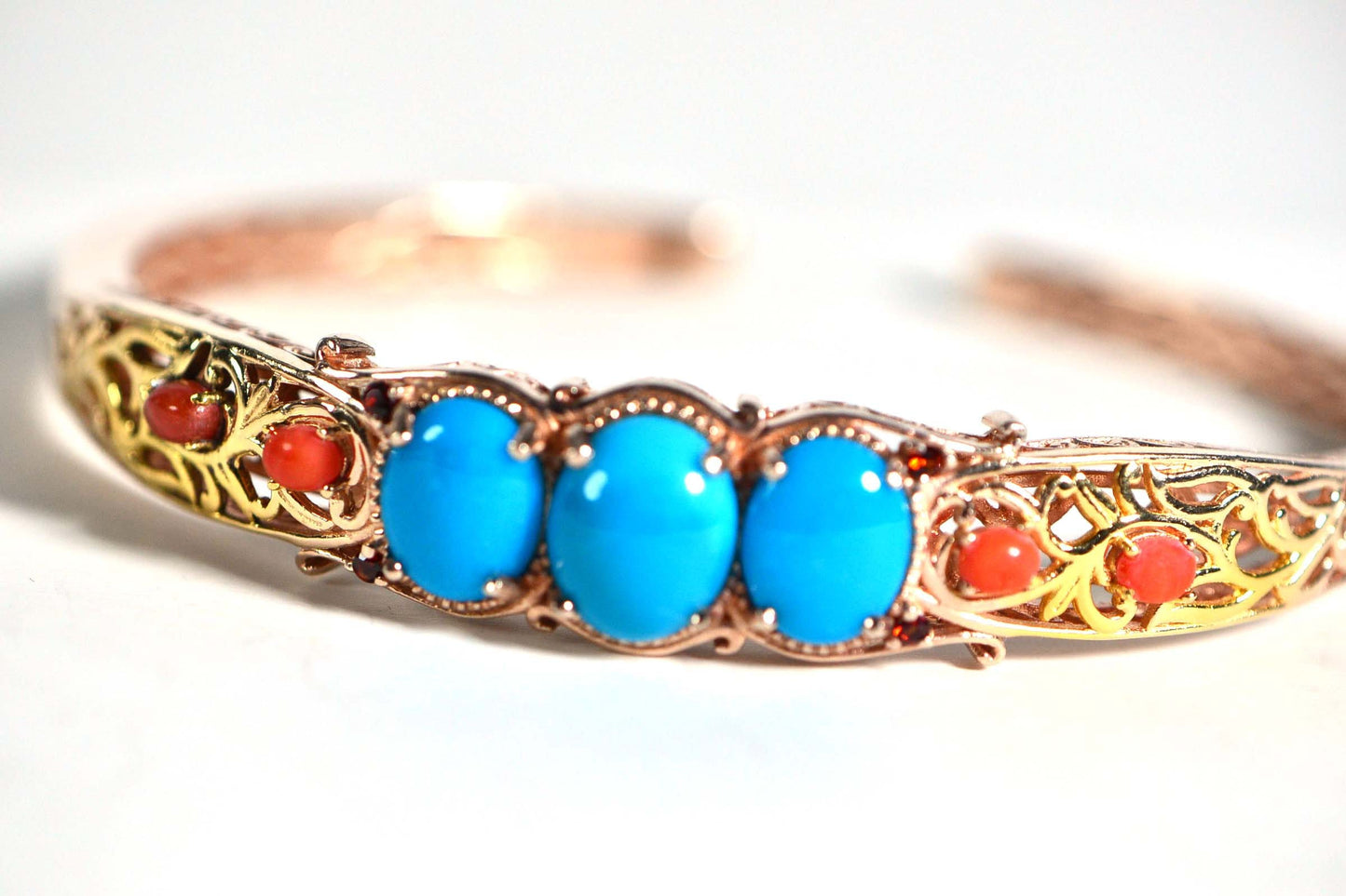 Arizona Turquoise Coral Bangle: Rose Gold Vermeil Filigree Cuff