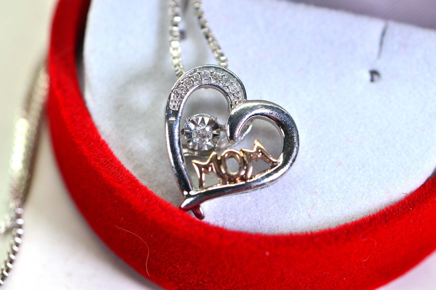 Diamond "Mom" Heart Pendant, 14K Gold & Sterling Silver