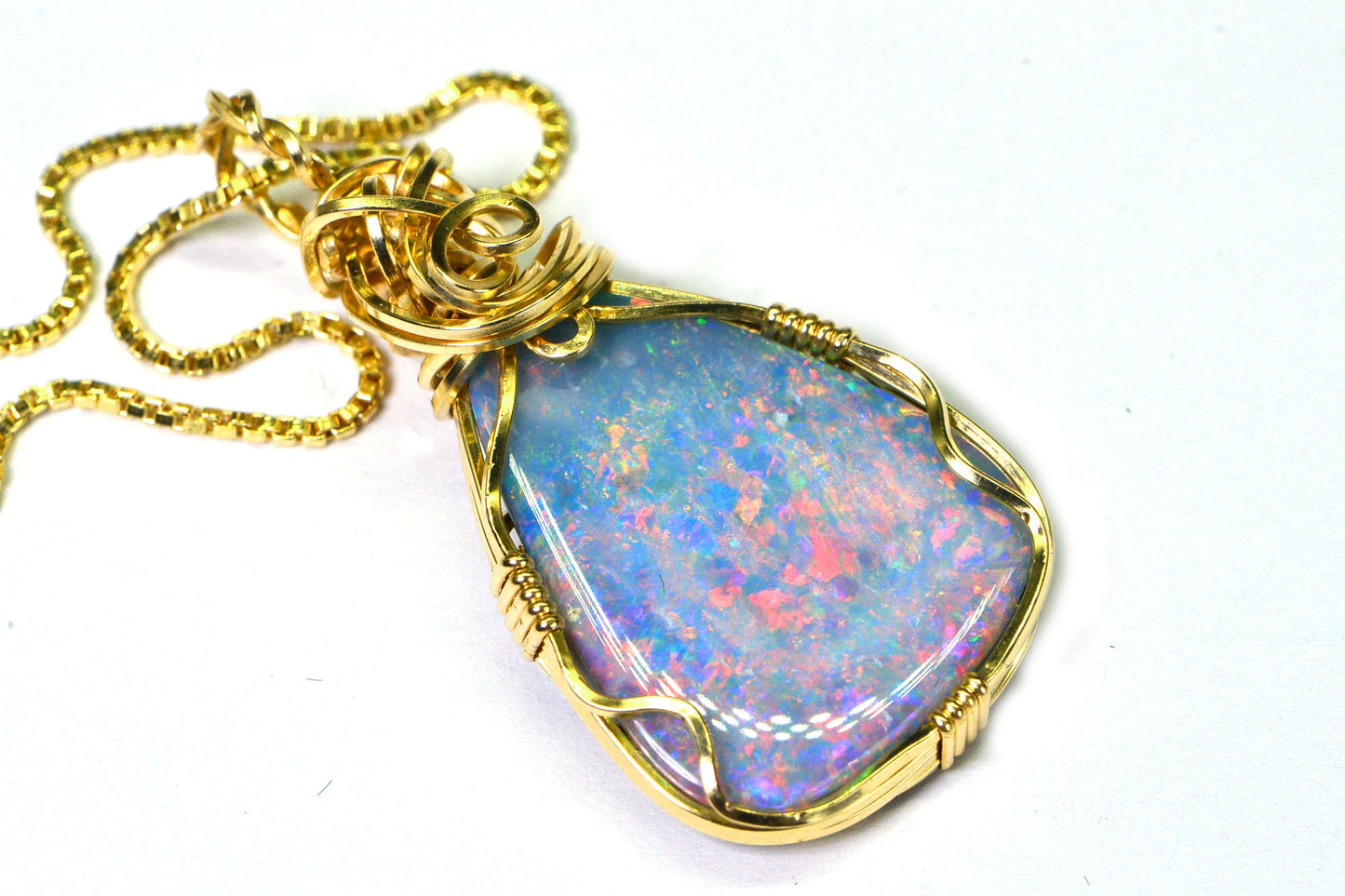 Rainbow Australian Opal Pendant Necklace, 14k Gold Wire Wrapped Jewelry