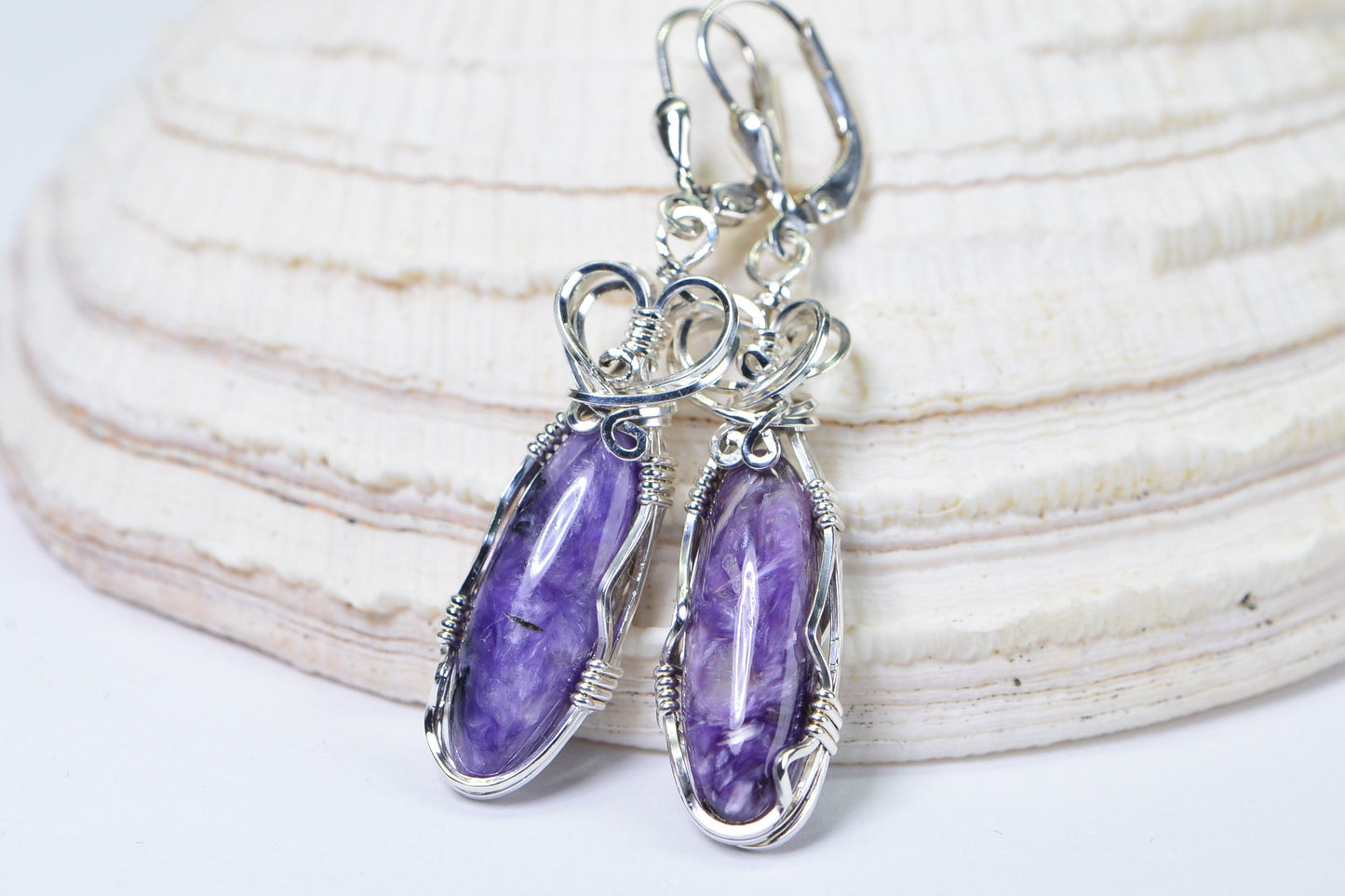 Natural Russian Charoite Earrings Wire Wrapped Sterling Silver Marquise Gemstone Earrings Purple Stone Earrings Christmas Gift For Mother