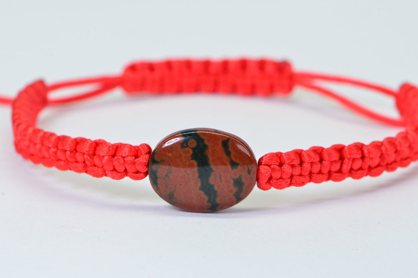 Red Macrame Bracelet: Natural Ocean Jasper Stone, Adjustable Knotted Cord