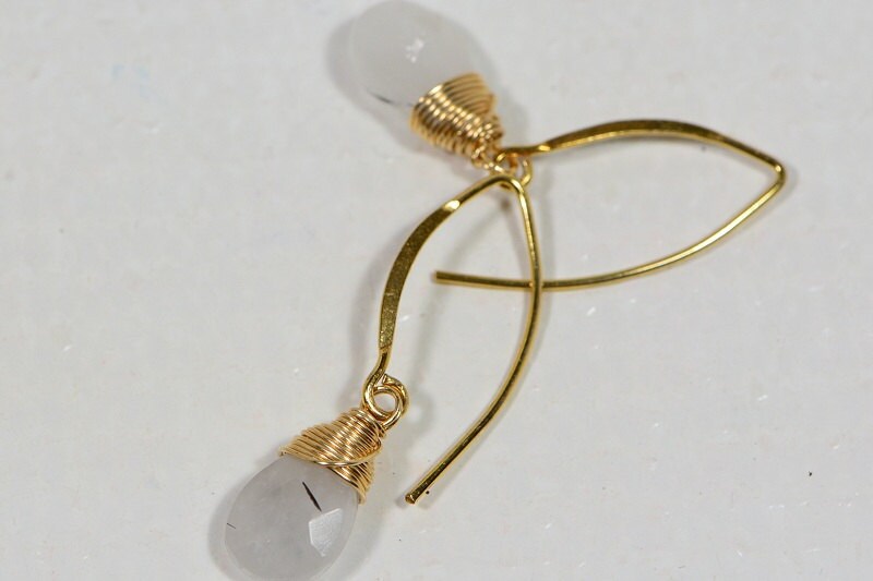 Tourmalated Quartz Earrings, 14K Gold Filled Wire Wrapped Half Hoop