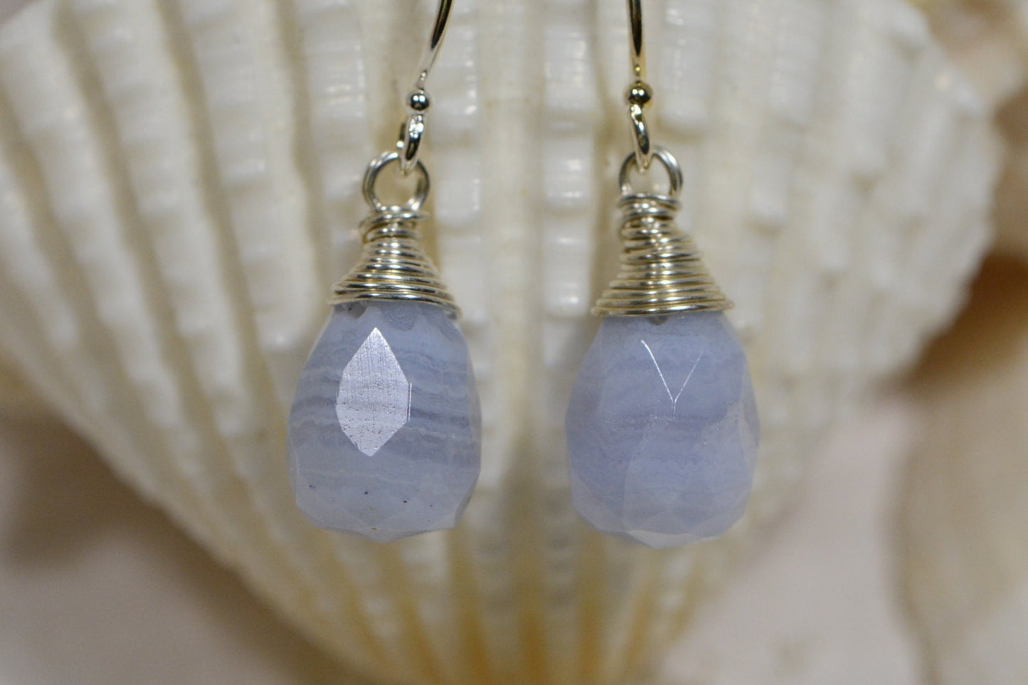 Blue Agate Briolette Earrings, Wire Wrapped Sterling Silver