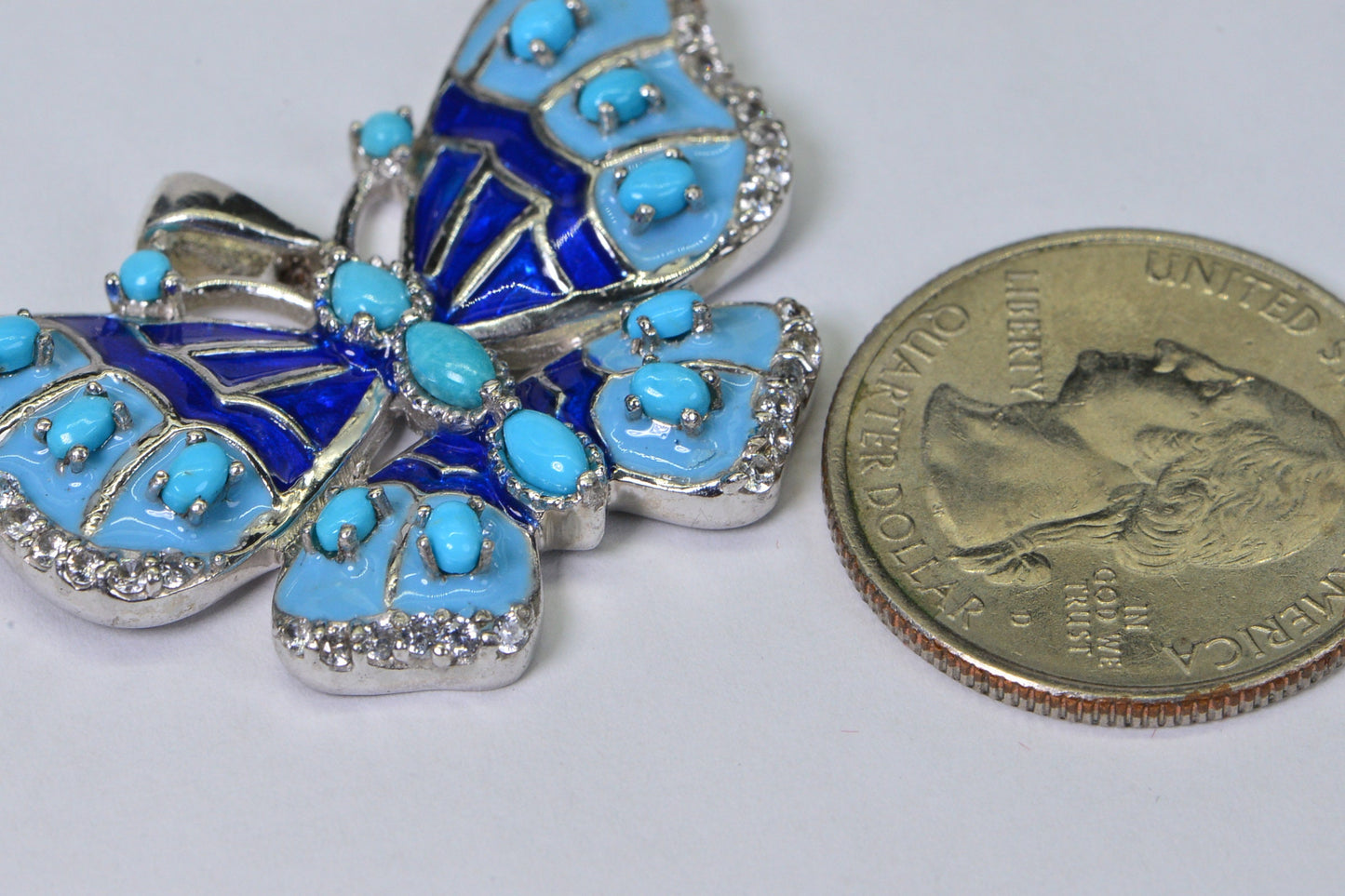 Vintage Sterling Silver Butterfly Pendant: Turquoise & Blue Enamel