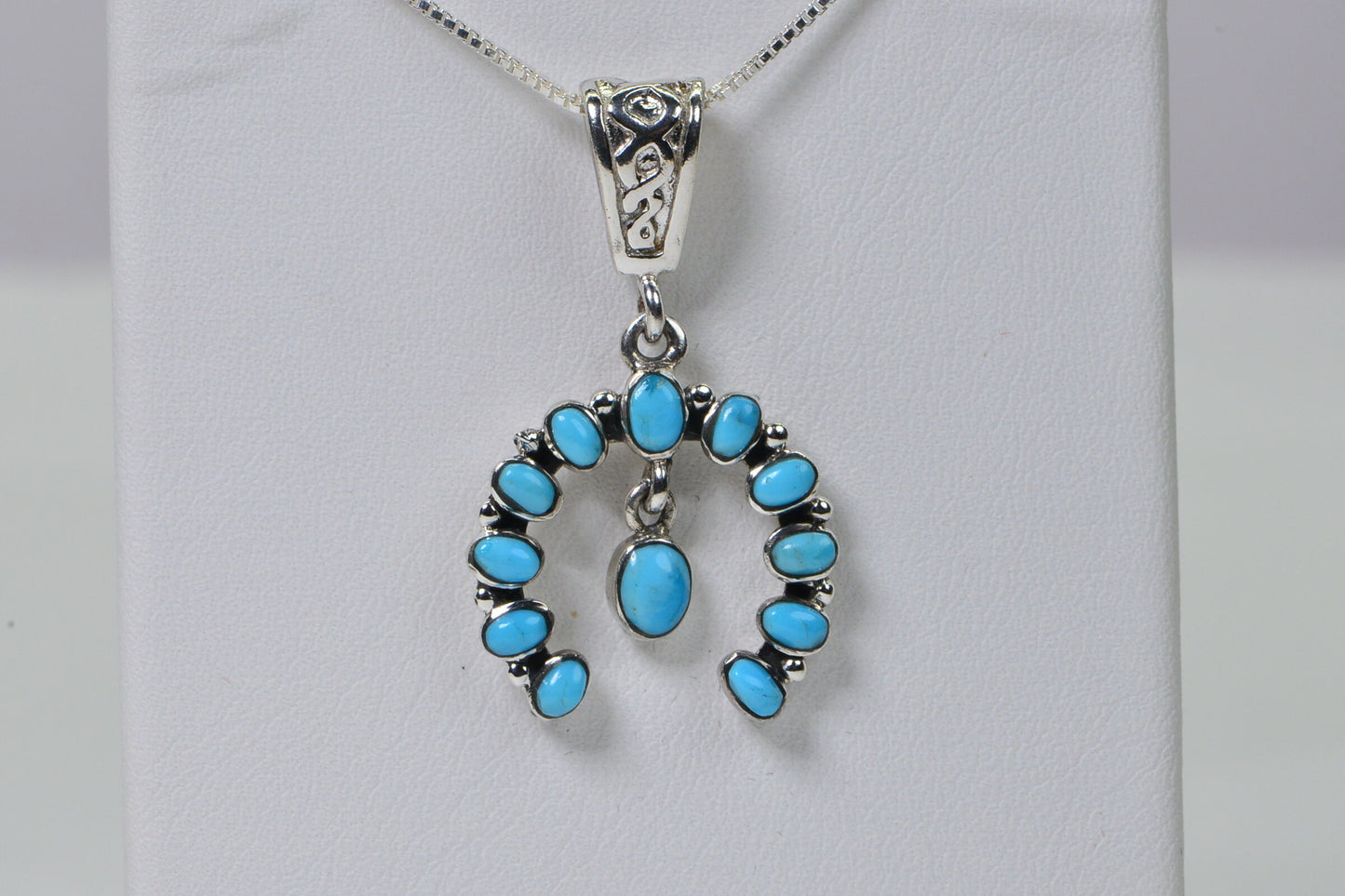 Sleeping Beauty Turquoise Pendant: Sterling Silver Squash Blossom Charm