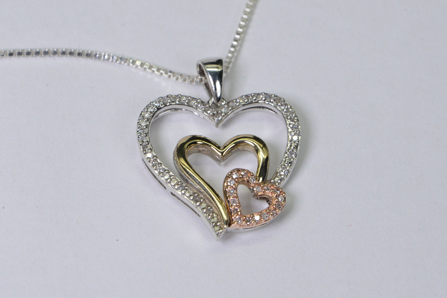 10K Gold Diamond Heart Pendant Necklace: Tricolor Sterling Silver Family Gift
