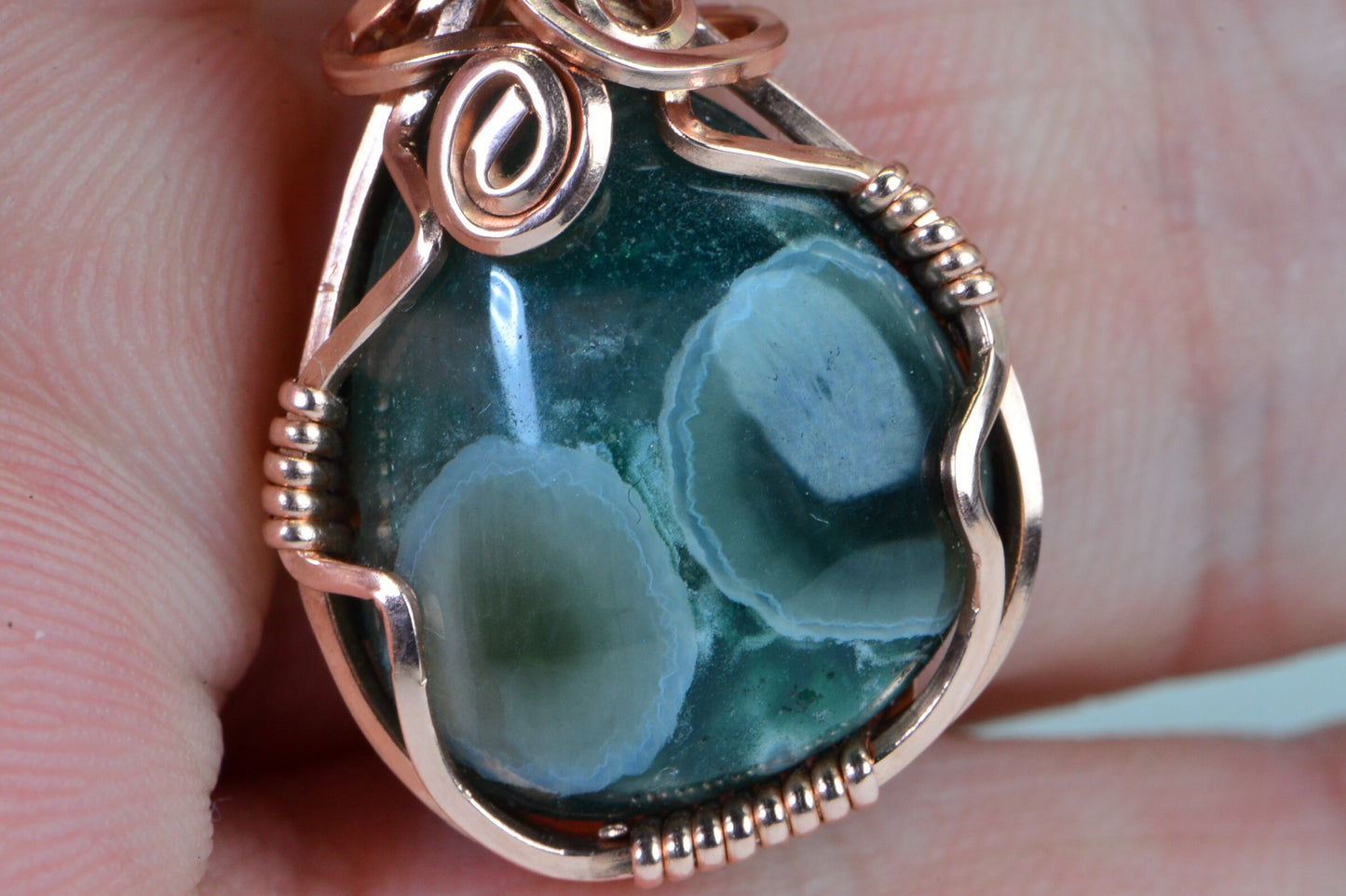Green Ocean Jasper Copper Wire Wrapped Necklace - Leather Cord