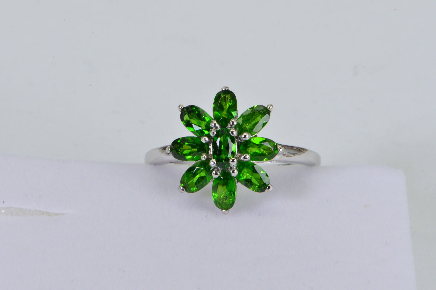 Diopside Flower Ring: 14K White Gold over Sterling Silver Floral Ring