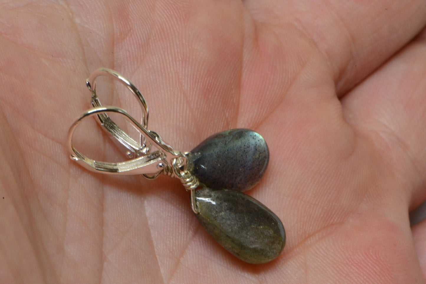 Natural Labradorite Teardrop Earrings Wire Wrapped Sterling Silver Dangle Drop Earrings Birthstone Gift
