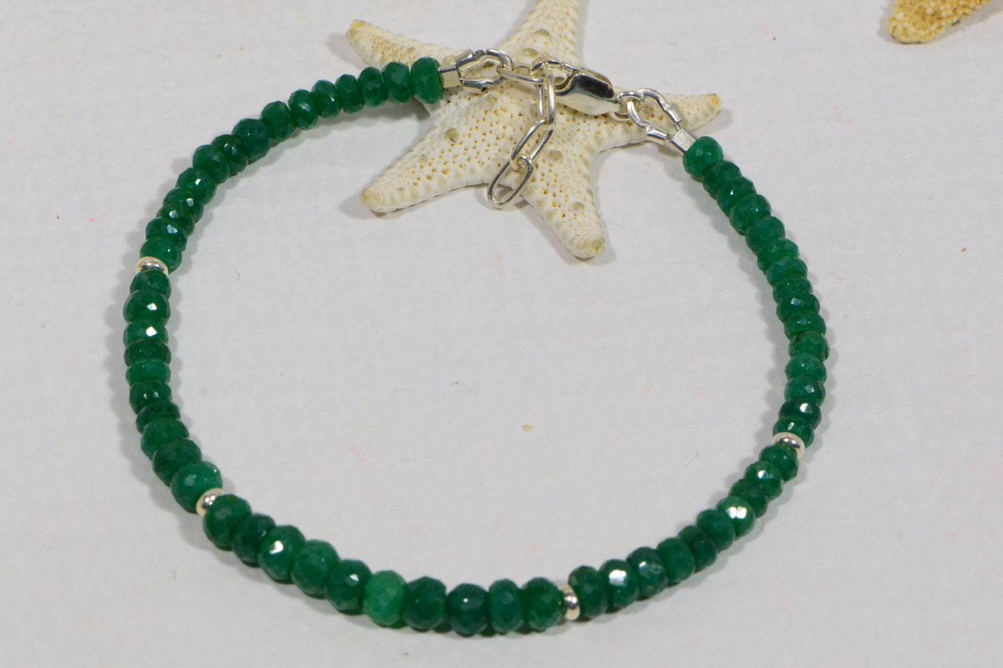 Emerald Bracelet: Faceted Rondelle Gemstone, Sterling Silver Beads