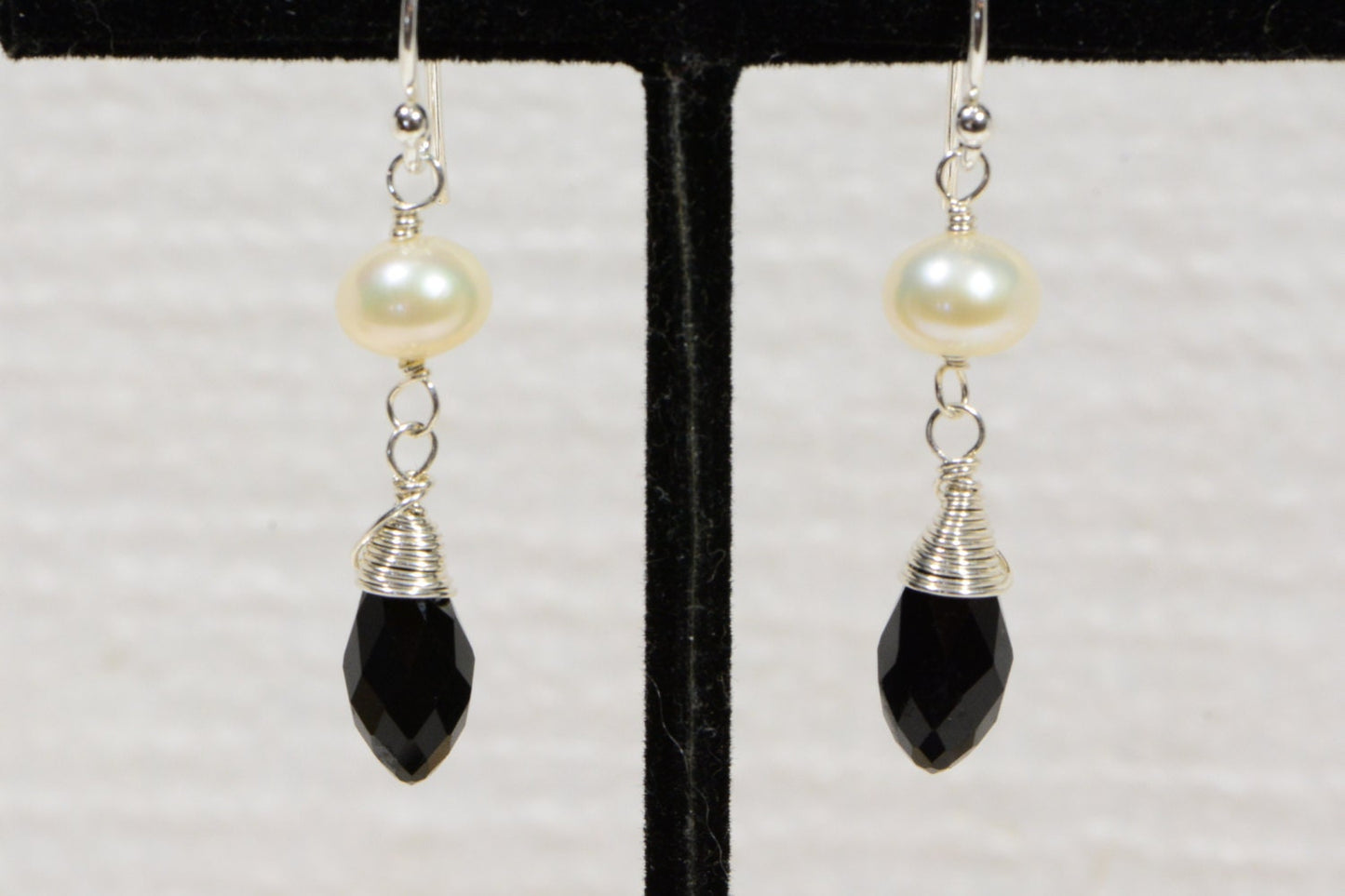 Sterling Silver Pearl Earrings, Black Crystal Dangle Earrings