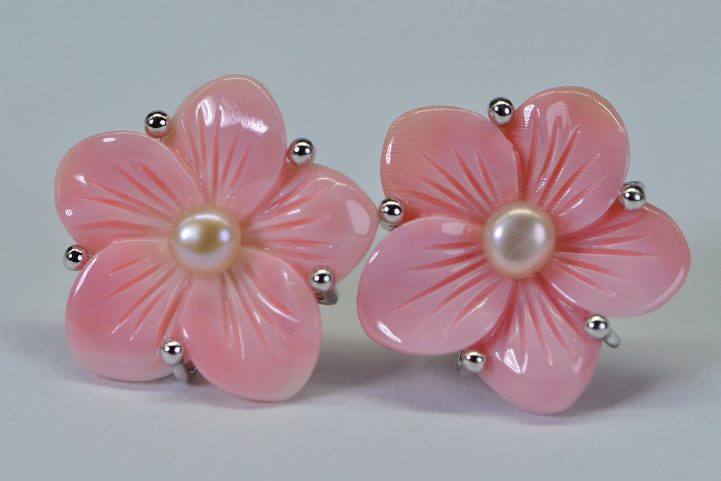 Pink Conch Shell Flower Earrings: Pearl Sterling Silver Floral Studs