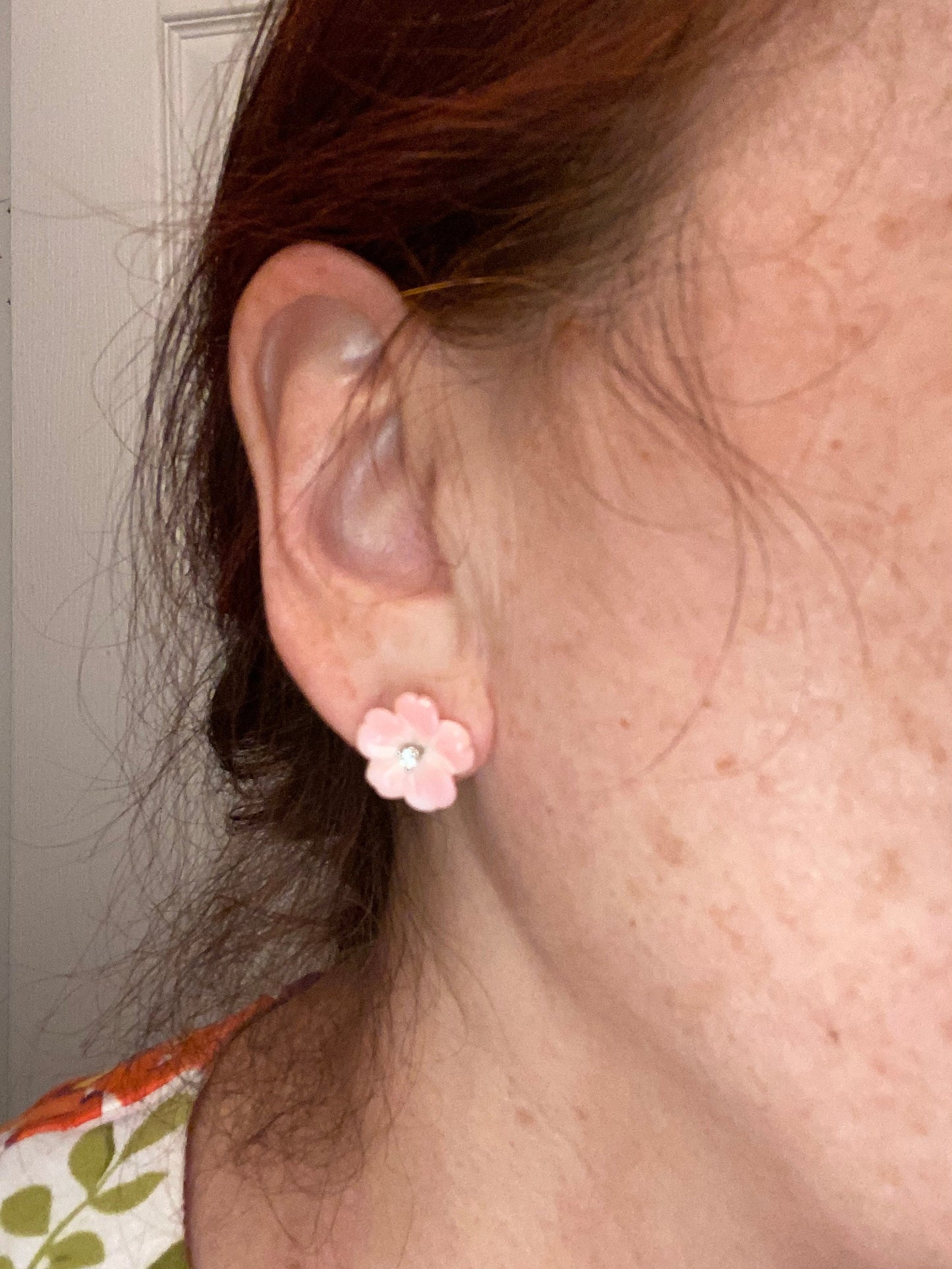 Queen Conch Pink Flower Earrings: Carved Rose, Simulated Diamond, Sterling Silver
