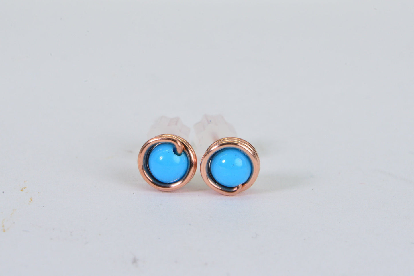 Handmade Copper Wire Wrapped Stud Earrings: Sleeping Beauty Turquoise