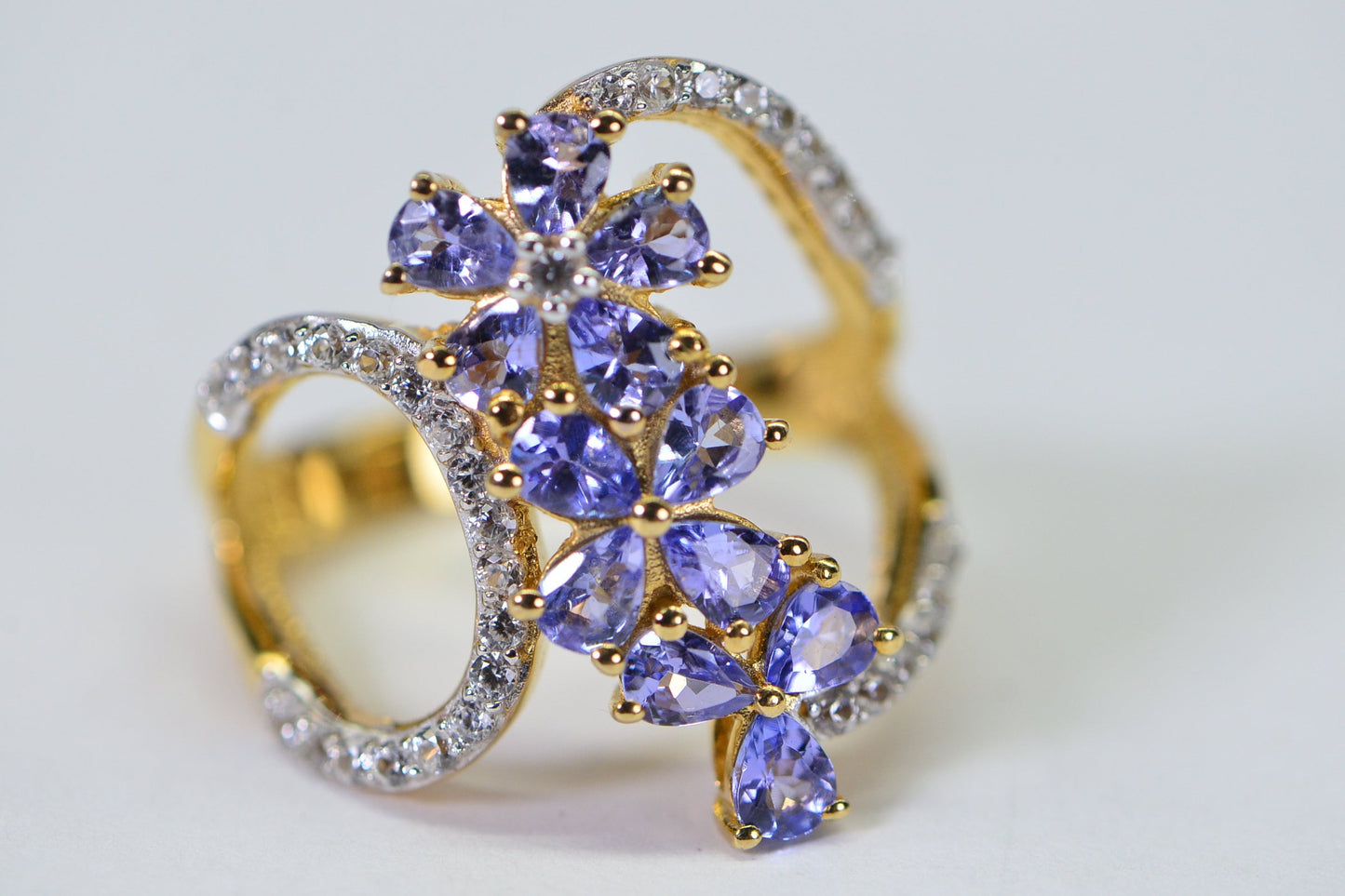 Tanzanite Flower Ring: 14K Yellow Gold Over Sterling Silver