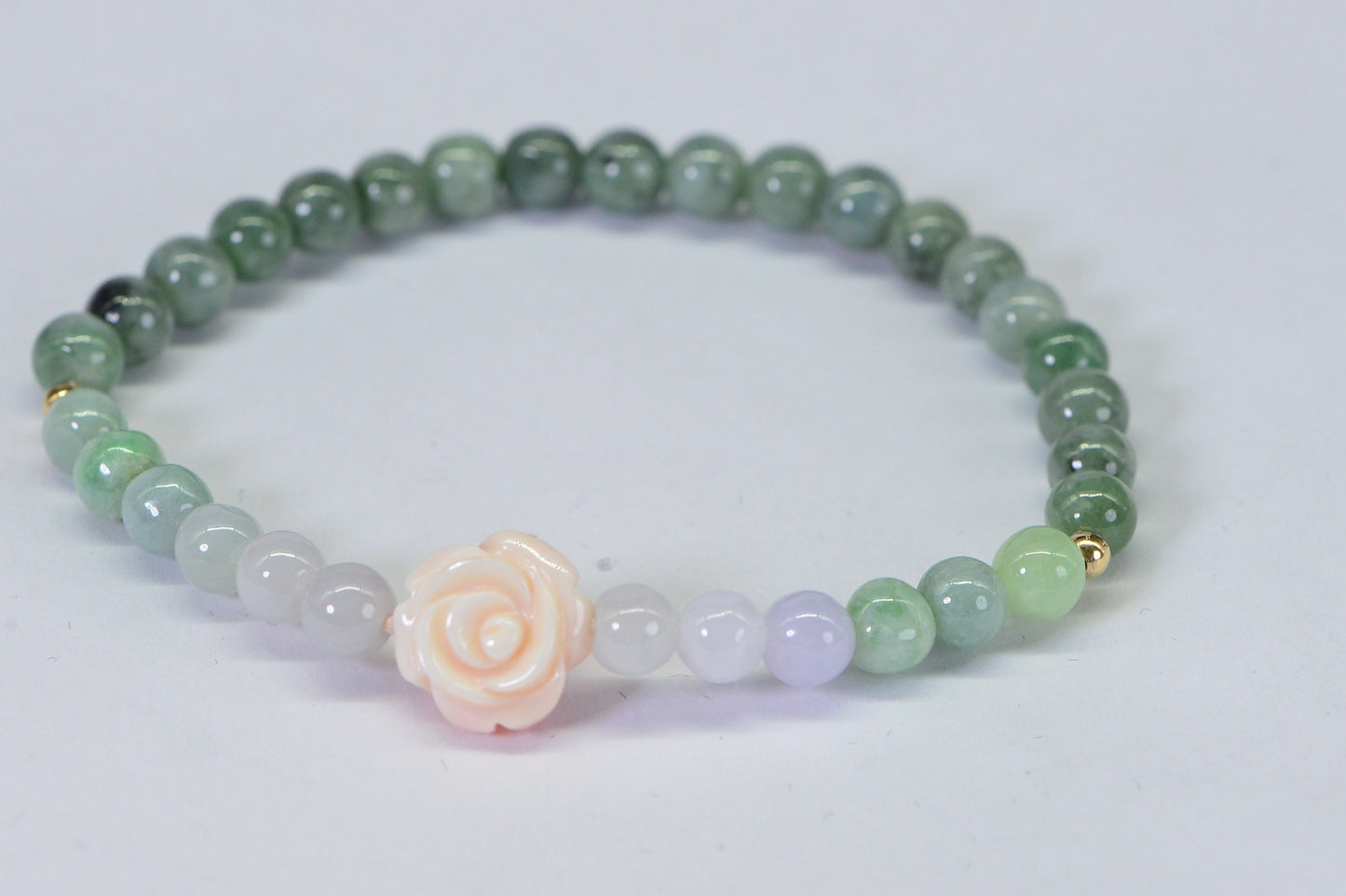 Burma Jade Ombre Bracelet: Pink Conch Rose, 14K Gold Beads