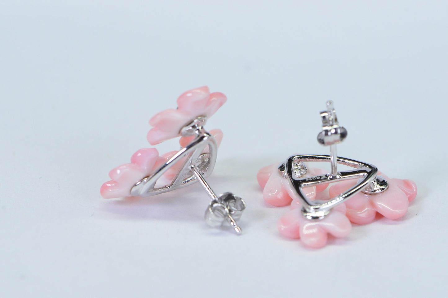 Queen Conch Pink Flower Earrings: 14K White Gold Over Sterling Silver