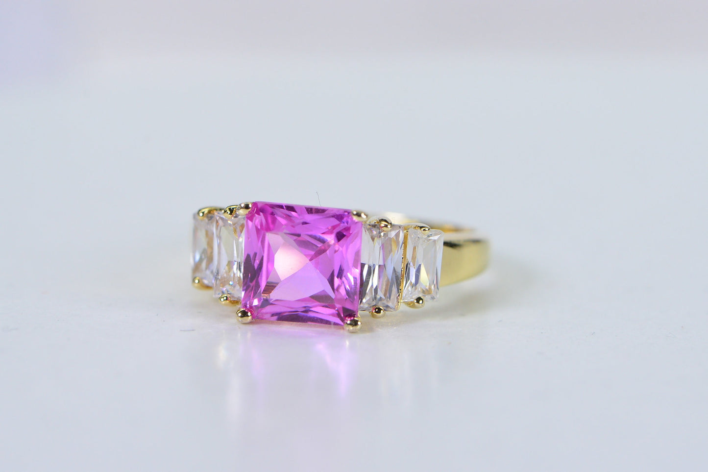 Hot Pink Sapphire Princess Cut Ring: 14K Gold Over Sterling Silver