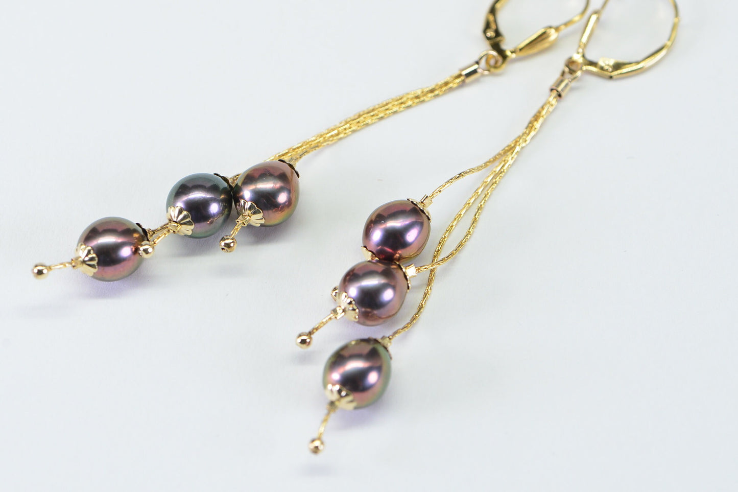 Tahitian Black Pearl Dangle Earrings: 14K Gold Filled Chain, Wedding Jewelry