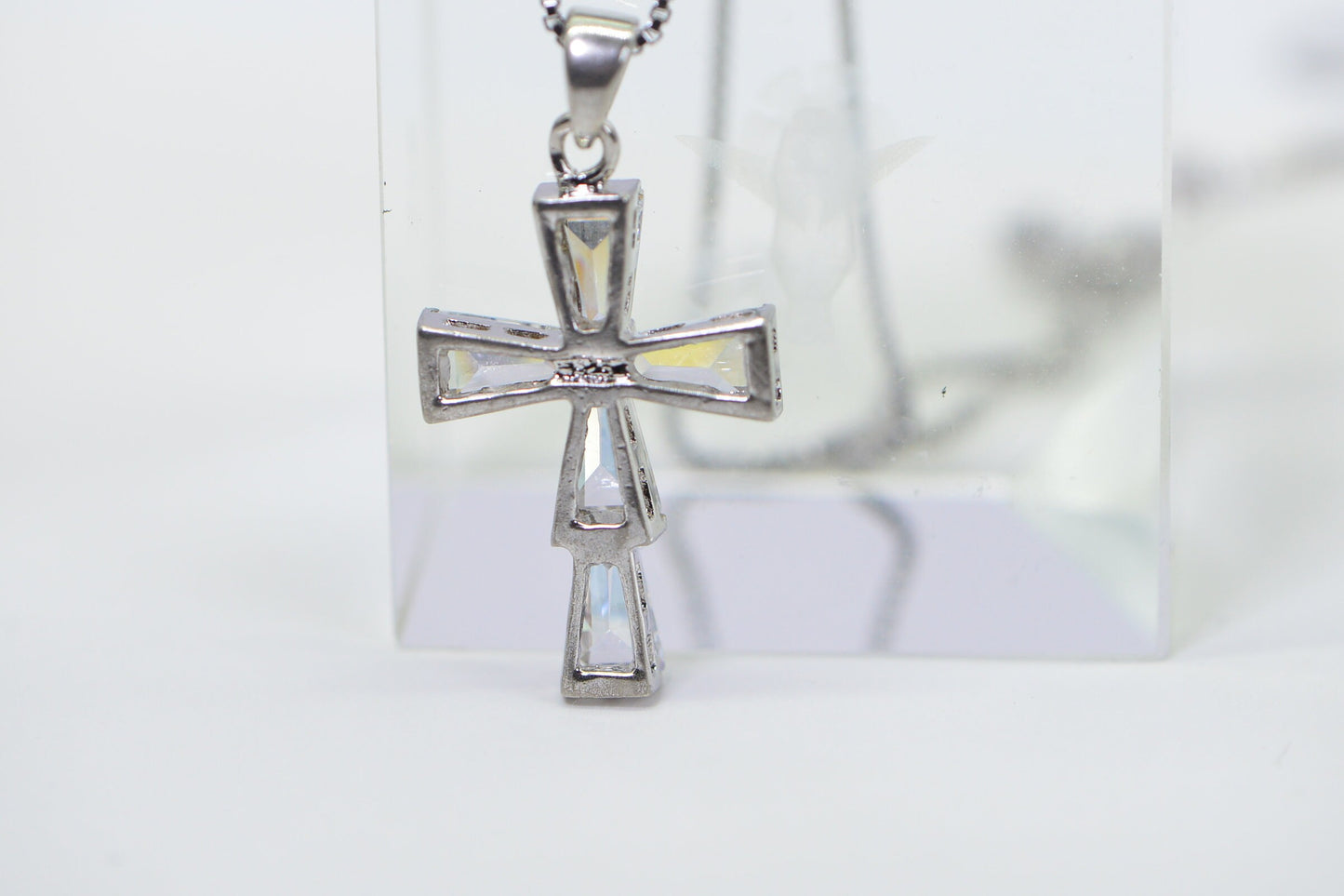 Baguette Diamond Large Cross Sterling Silver Fancy Religious Cross Pendant Necklace