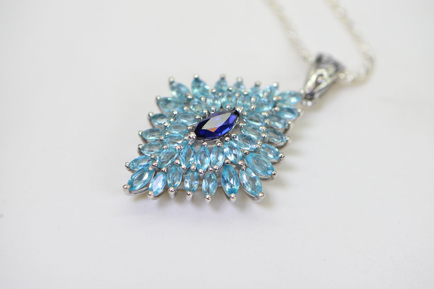 Madagascar Apatite Floral Pendant: Sterling Silver Marquise Halo Necklace