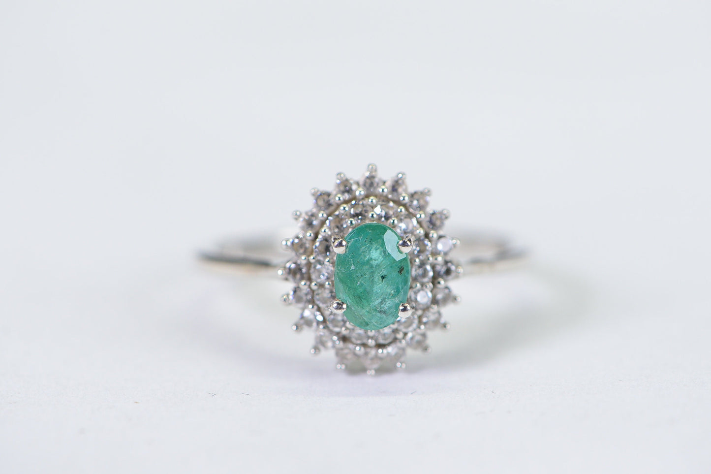 Colombian Emerald Ring, White Zircon Halo, Rhodium Sterling Silver