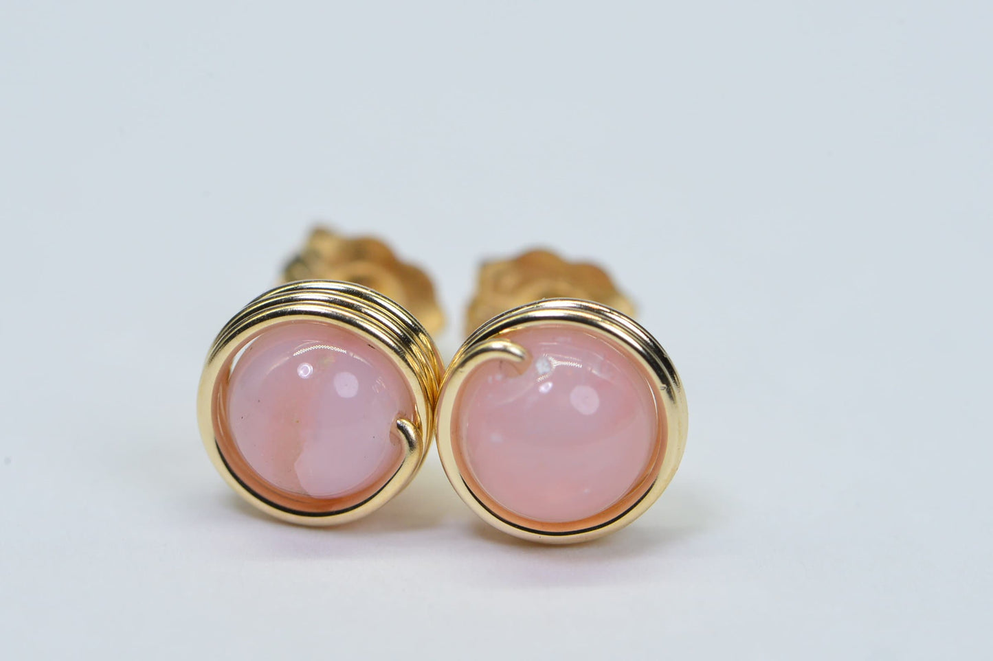 Peruvian Pink Opal Stud Earrings: 14K Gold Filled Wire Wrapped Gemstone