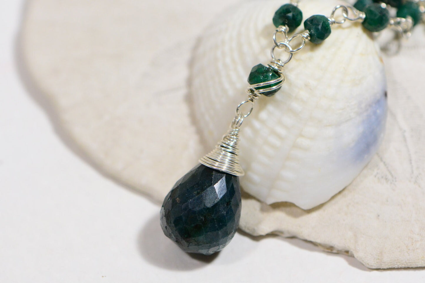 Emerald Drop Necklace - Sterling Silver Wire Wrapped Gemstone, May Birthstone