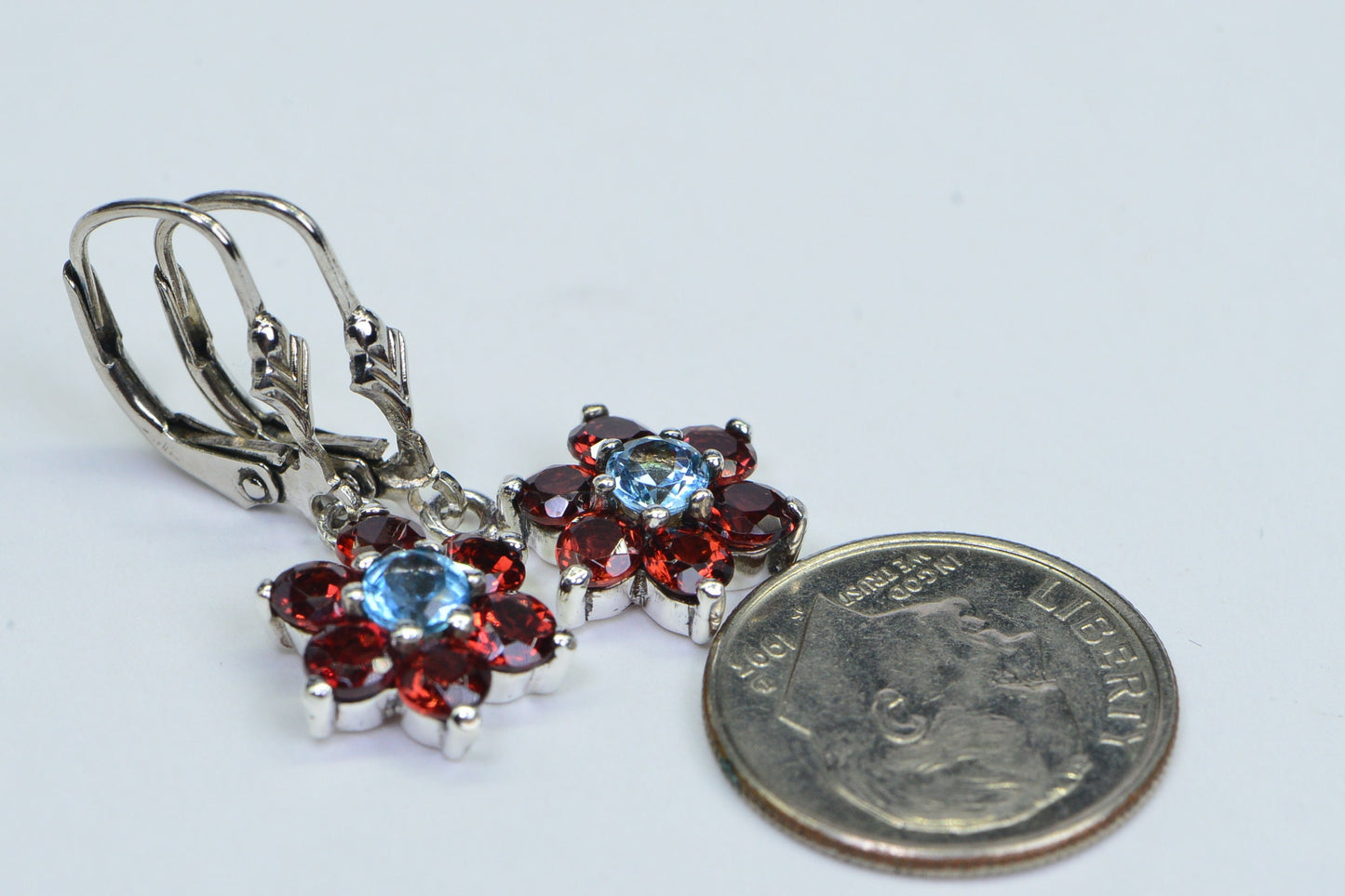 Garnet Flower Dangle Earrings: Rhodium Over Sterling Silver, January Birthstone