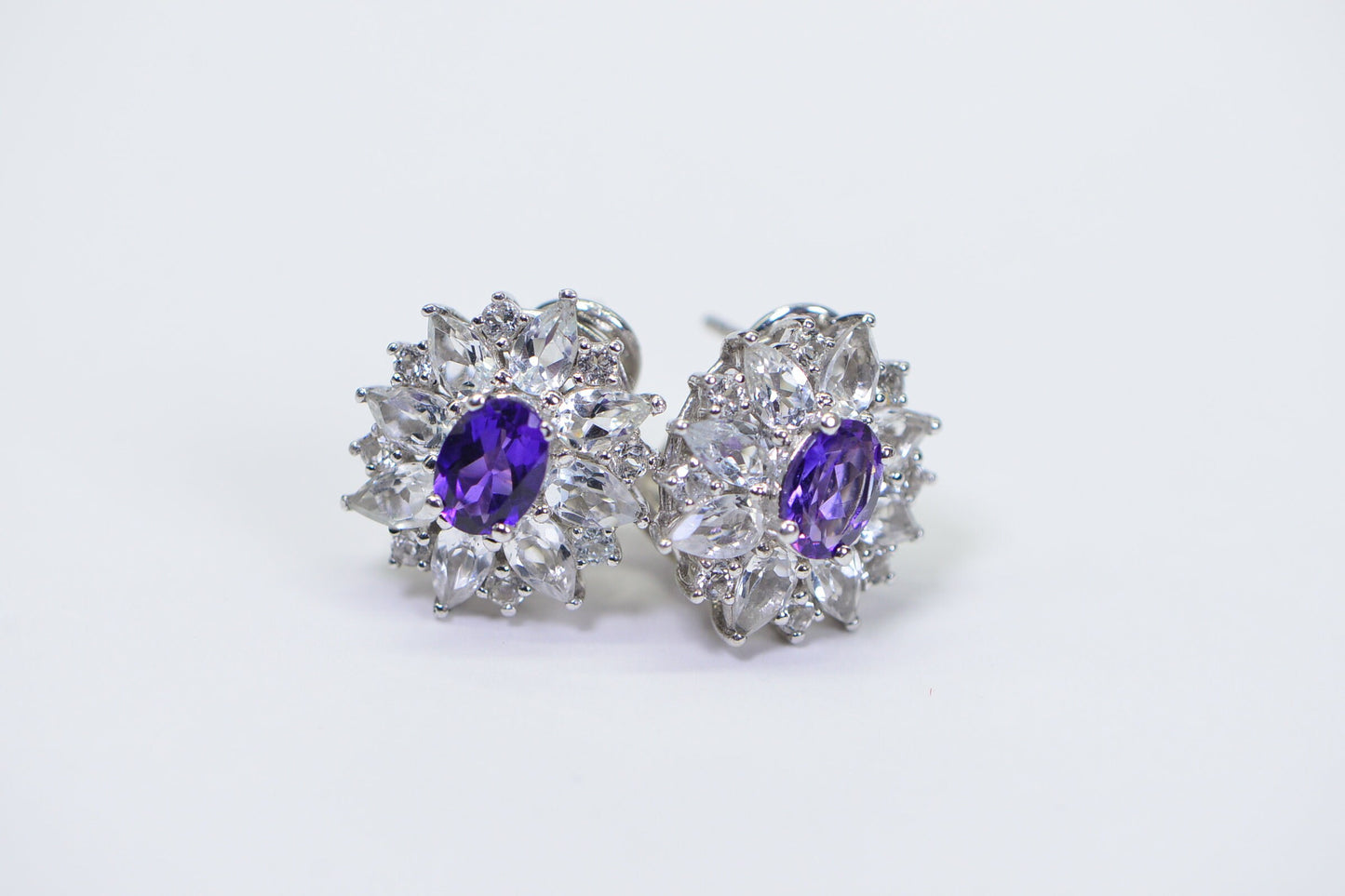 Vintage Elegance Genuine Amethyst and White Topaz Flower Design Earrings