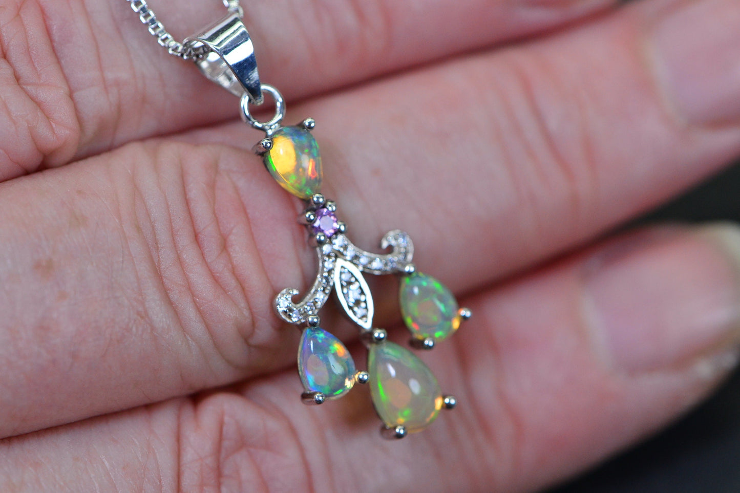 Ethiopian Welo Opal Sterling Silver Pendant Necklace, Garnet Diamond Accent