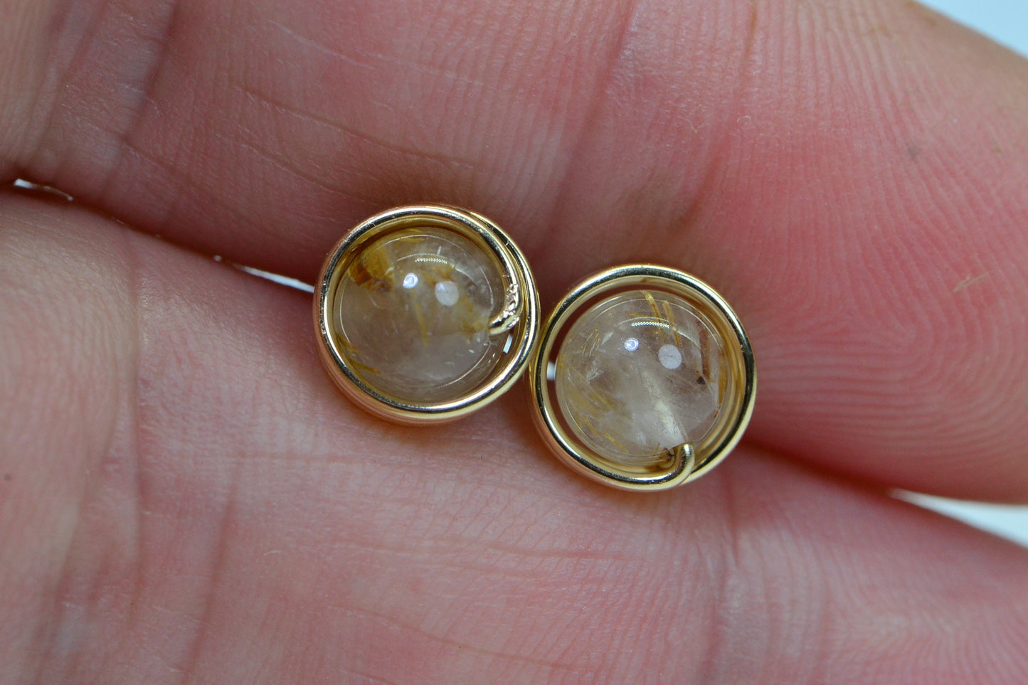 Rutilated Quartz Stud Earrings: 14K Gold Wire Wrapped Petite Posts