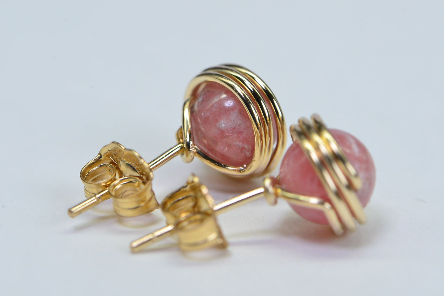 Rhodochrosite Stud Earrings: 14K Gold Filled Wire Wrapped, Pink Gemstone