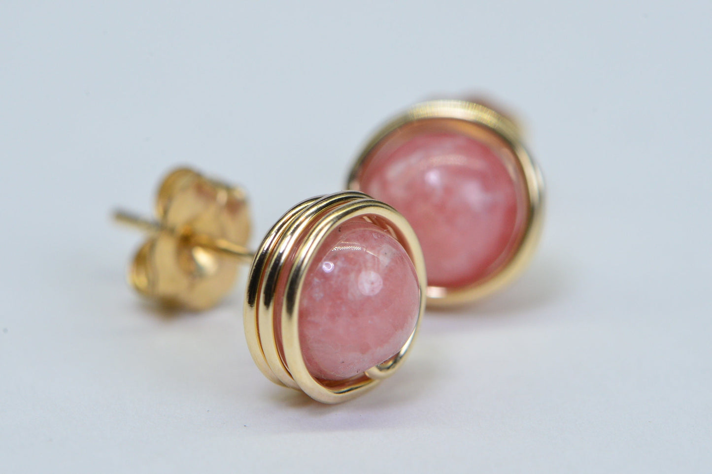 Rhodochrosite Stud Earrings: 14K Gold Fill Wire Wrapped Healing Crystals