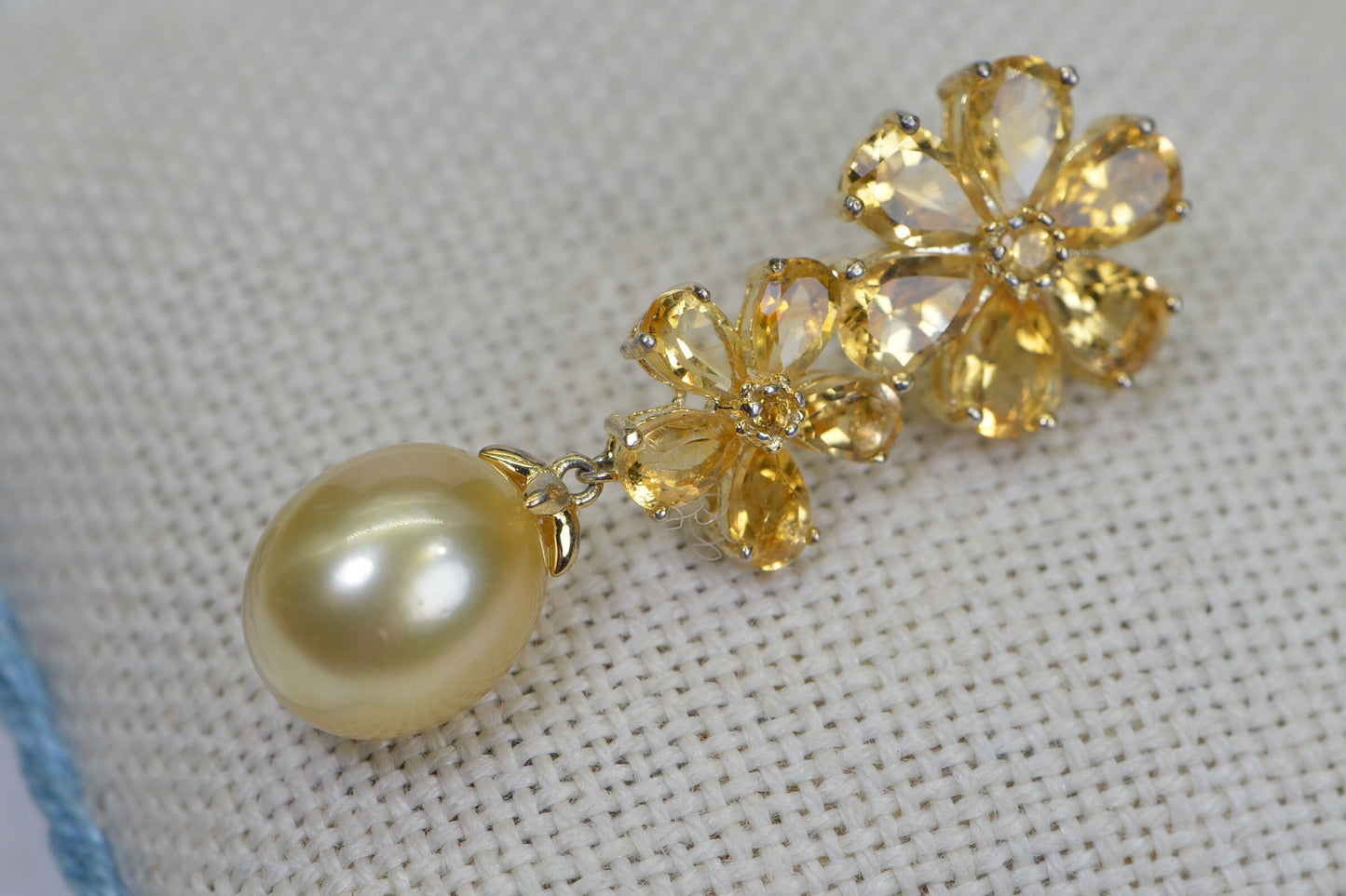 Genuine Seawater Golden Pearl Citrine Two Flower Pendant 14K Gold Plated Enhancer Pendant