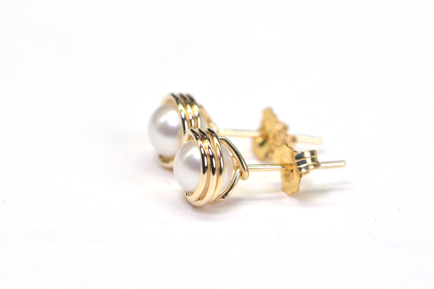 14K Gold Wire Wrapped Pearl Stud Earrings: June Birthstone