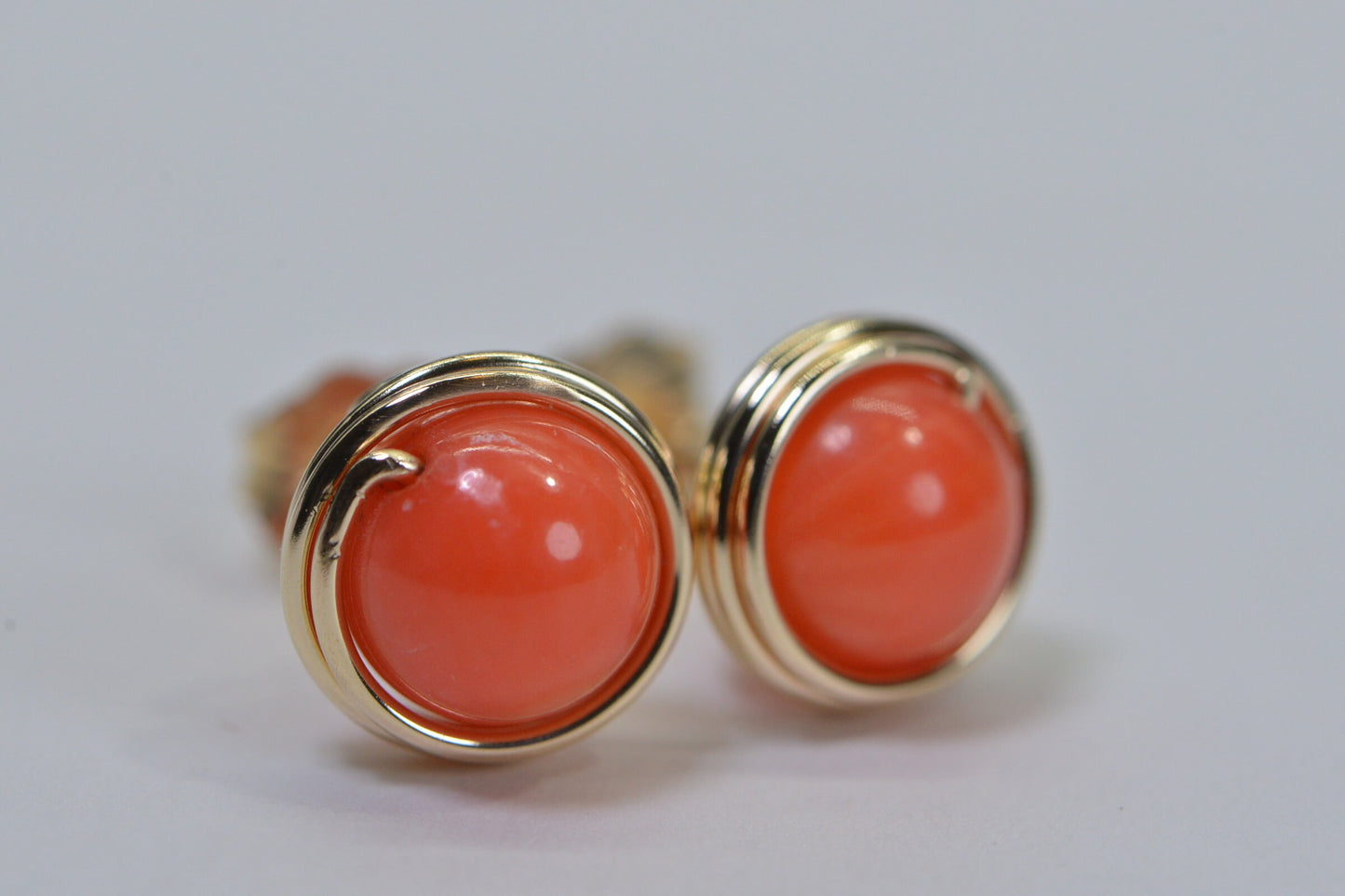 Coral Stud Earrings: Salmon Pink, 14K Gold Filled, Tiny Post