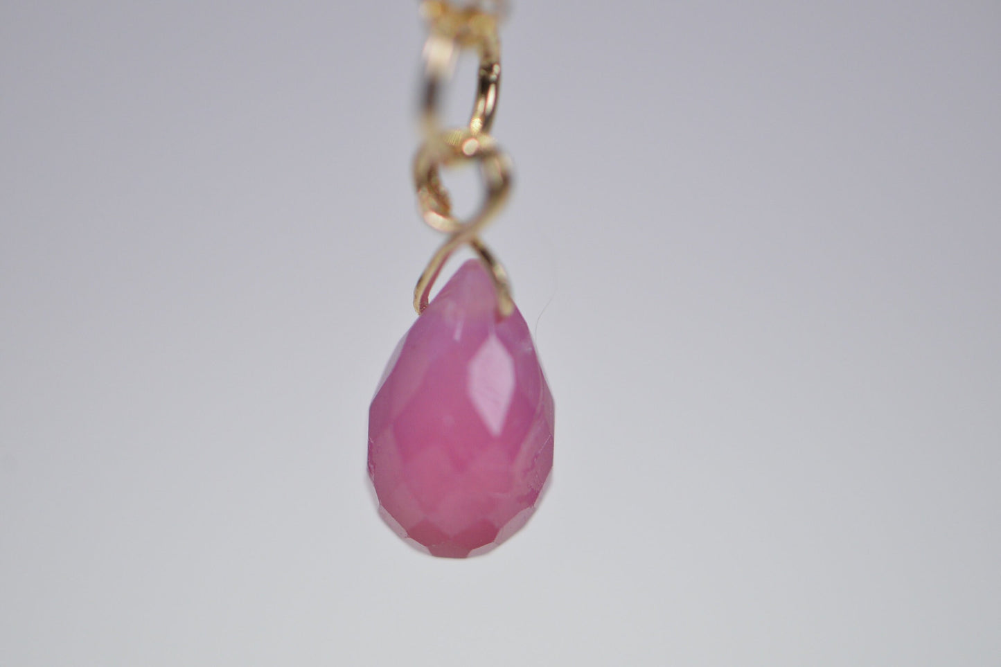 14K Solid Gold Pink Sapphire Teardrop Pendant: Wire Wrapped Charm