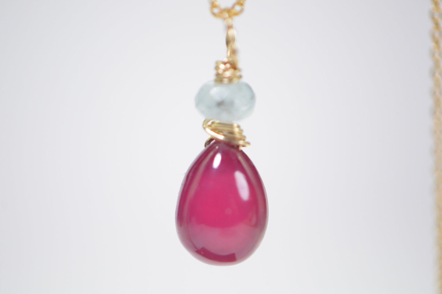 Raspberry Ruby and Aquamarine 14K Gold Pendant: Handmade July Birthstone