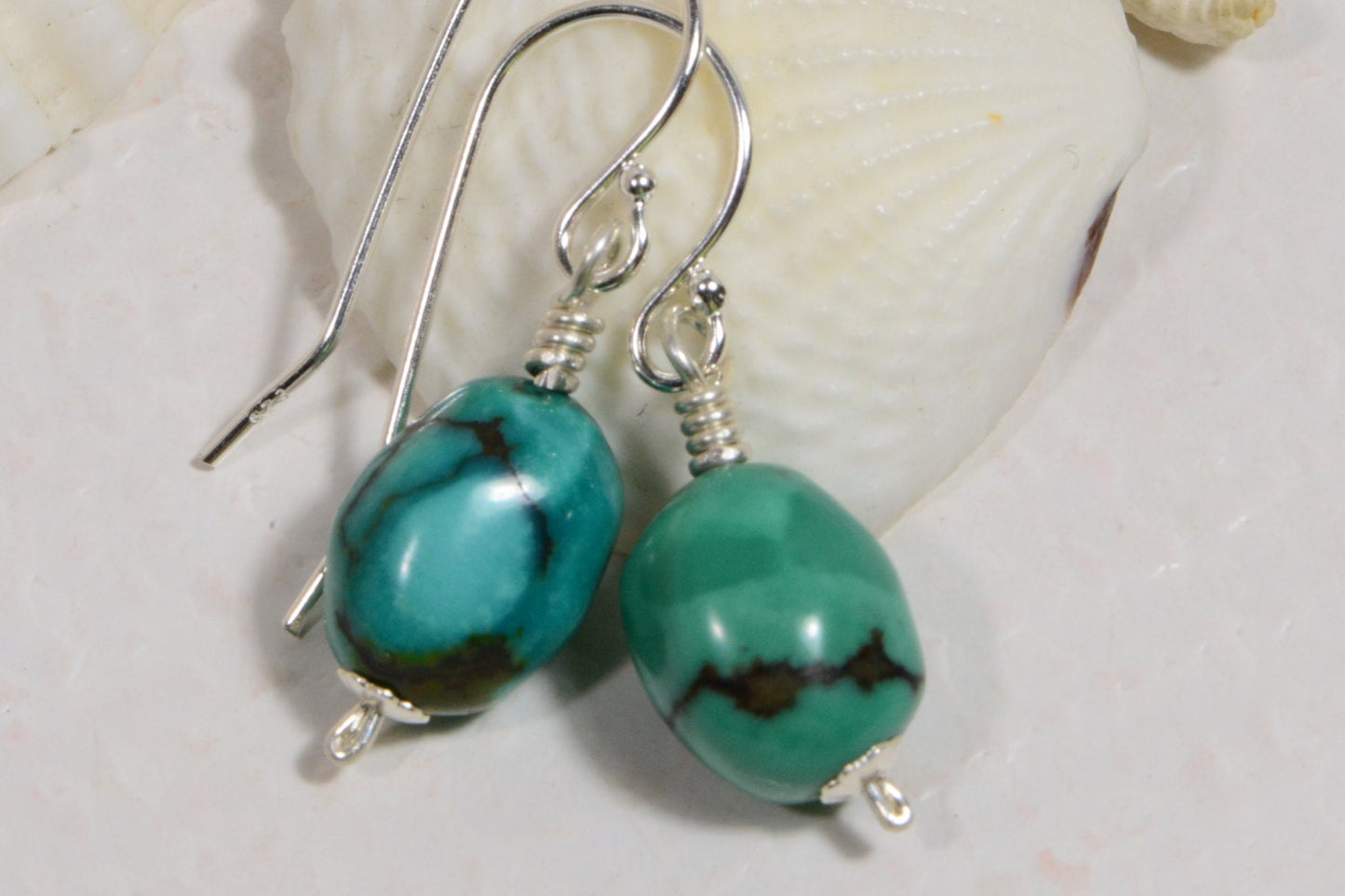 Nevada Blue Turquoise Earrings, Sterling Silver Wire Wrapped