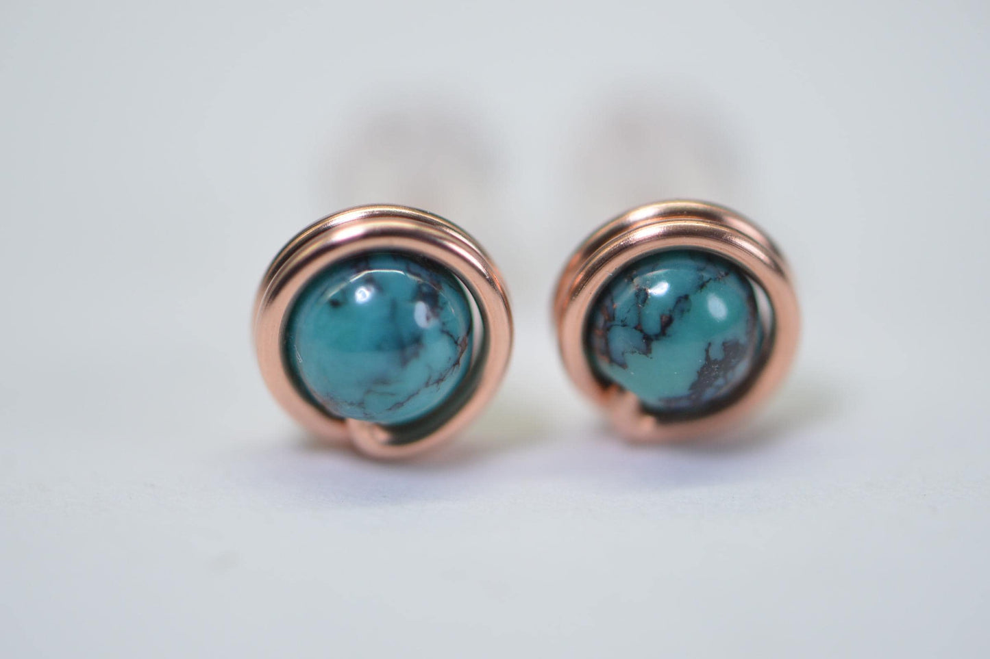 Genuine Turquoise Stud Earrings, Solid Copper Wire Wrapped, 6mm