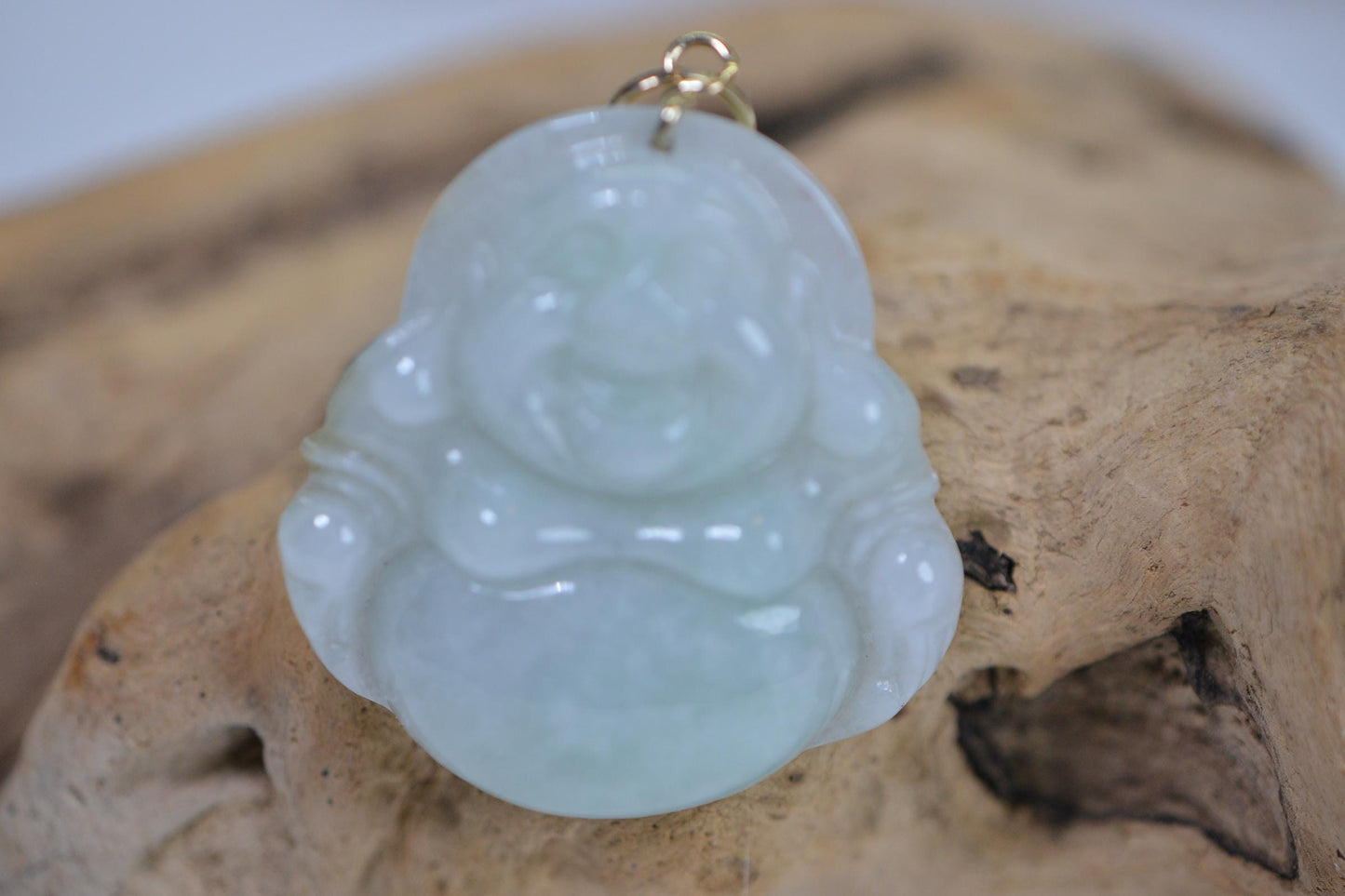 Burmese Jade Laughing Buddha Pendant: 14K Gold, Ice Green Carving