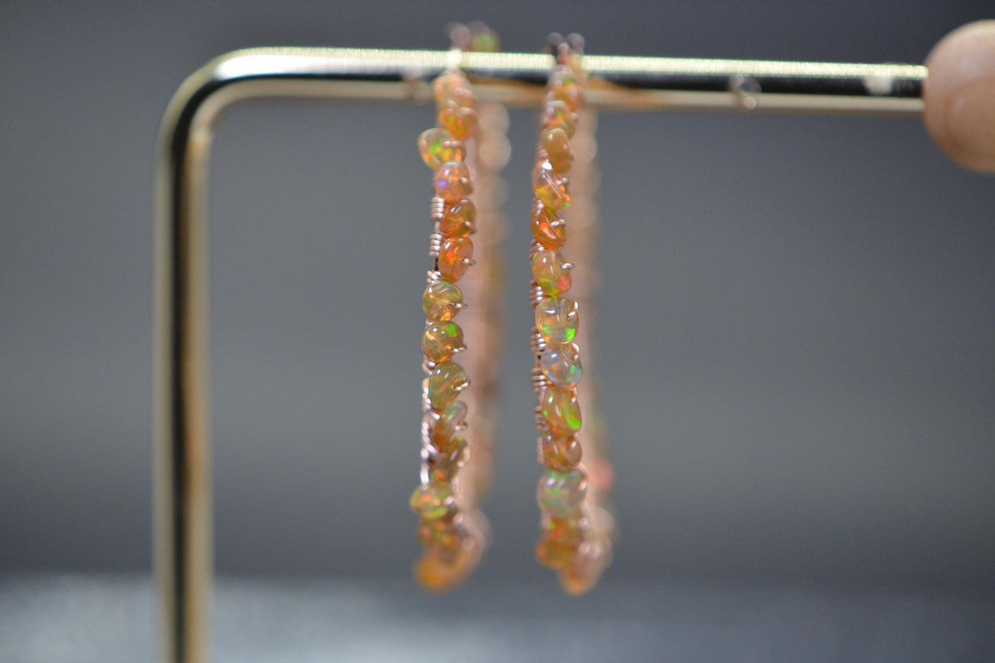 Ethiopian Opal Hoop Earrings: 14K Rose Gold Filled Wire Wrapped Gemstone