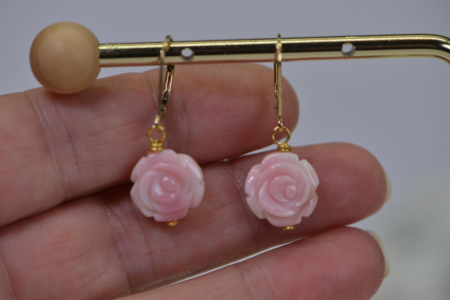14K Gold Pink Conch Shell Rose Earrings: Carved Flower Gemstone
