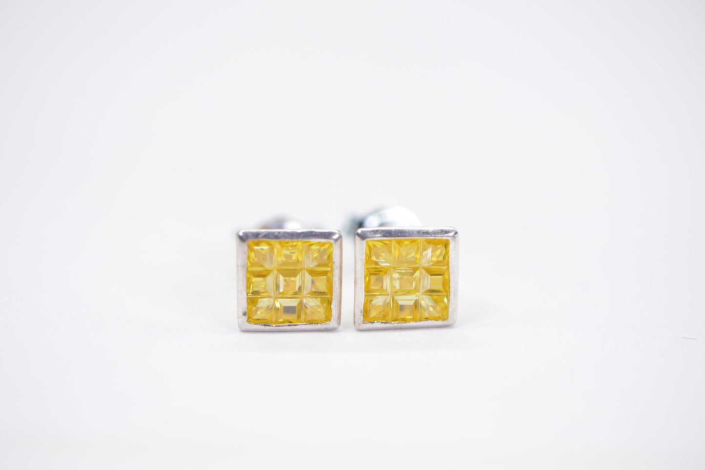 Yellow Crystal Princess Cut Stud Earrings: 14K White Gold Over Sterling Silver