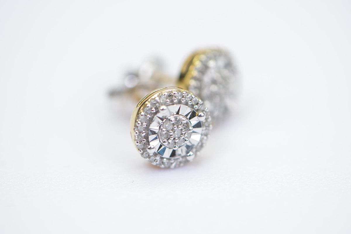 Natural Diamond Sterling Silver Stud Earrings: Halo Style, Vintage Design