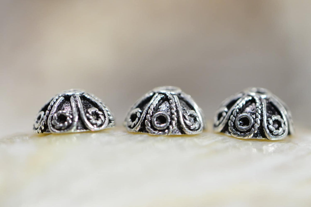 Sterling Silver Bead Caps: Antique Dome Findings (7-8mm, 2pcs)